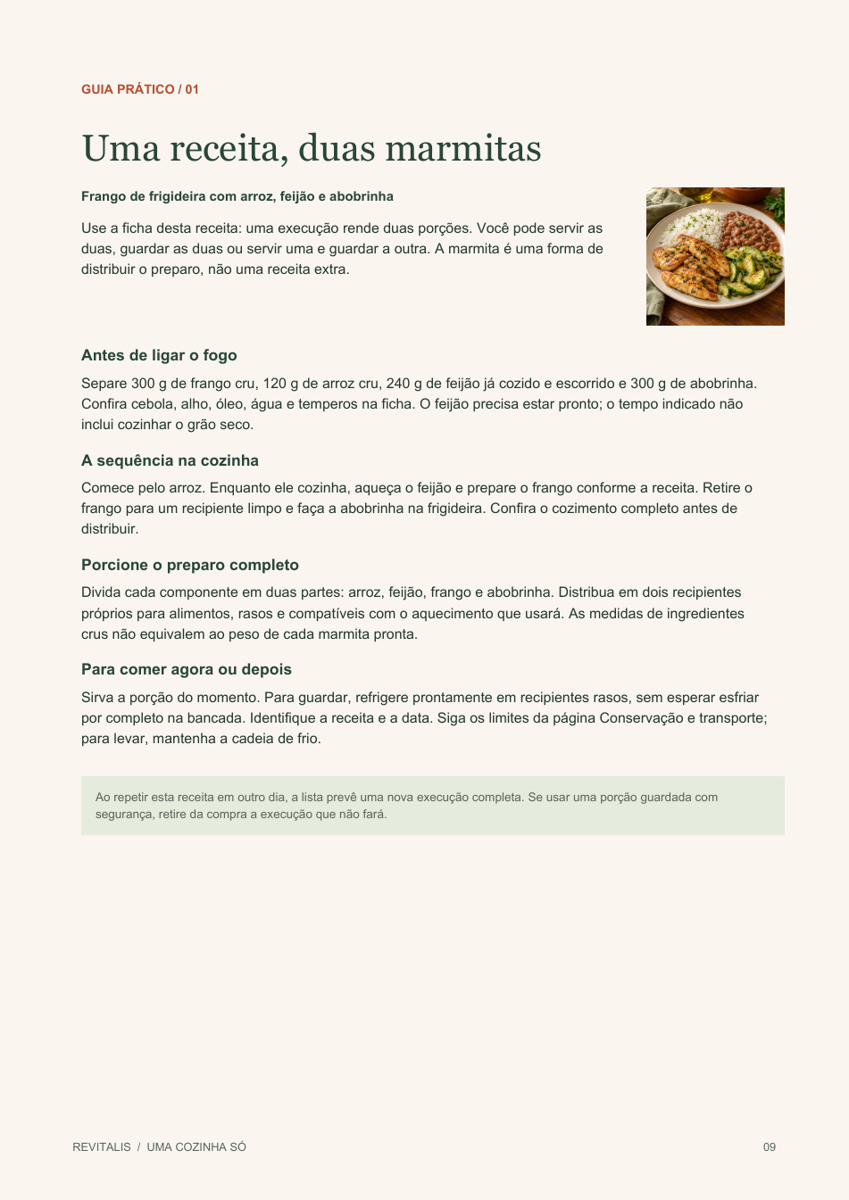 Página 9 do material real: Uma receita, duas marmitas, com sequência de preparo, porcionamento e conservação.